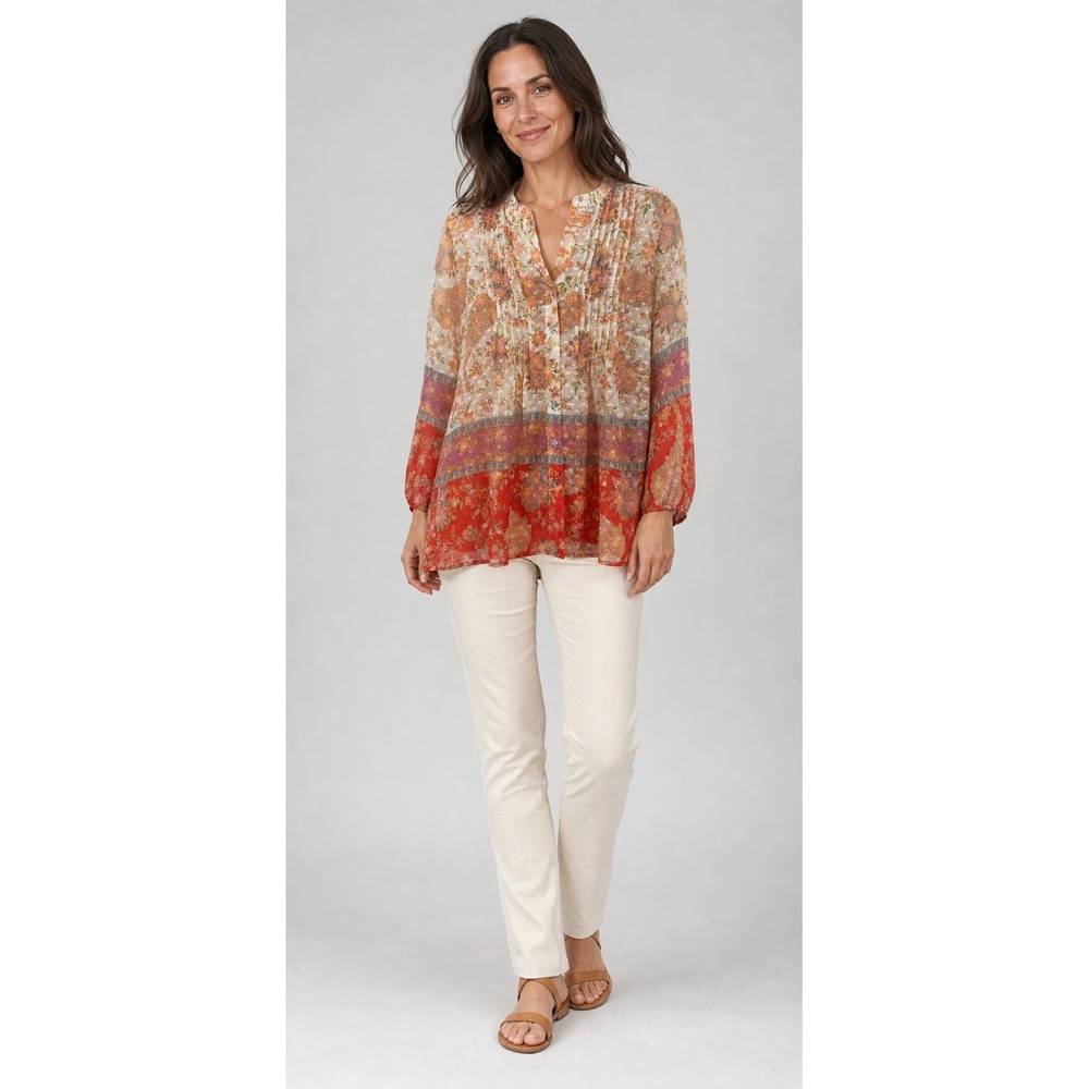 Figueroa & Flower Sheer Blouse Womens Medium Floral Paisley Boho Red Orange